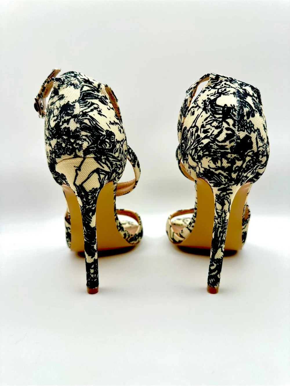 Black & Cream Floral Print Ankle Strap Heels - Size 38 - New